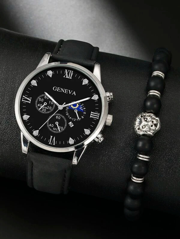 1pc Men Round Pointer Date Quartz Watch & 1pc Bracelet