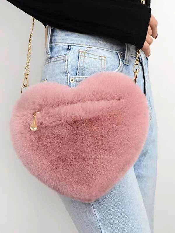 Heart Design Chain Fluffy Novelty Bag Heart Shaped Fluffy Shoulder Bag, Fashion Chain Crossbody Bag, Cute Zipper Purse For Valentine's Day