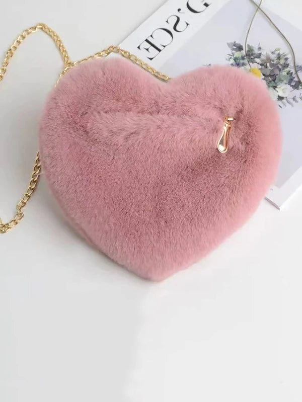 Heart Design Chain Fluffy Novelty Bag Heart Shaped Fluffy Shoulder Bag, Fashion Chain Crossbody Bag, Cute Zipper Purse For Valentine's Day