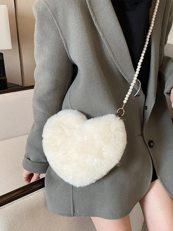 Faux Pearl Decor Heart Design Fluffy Novelty Bag xc