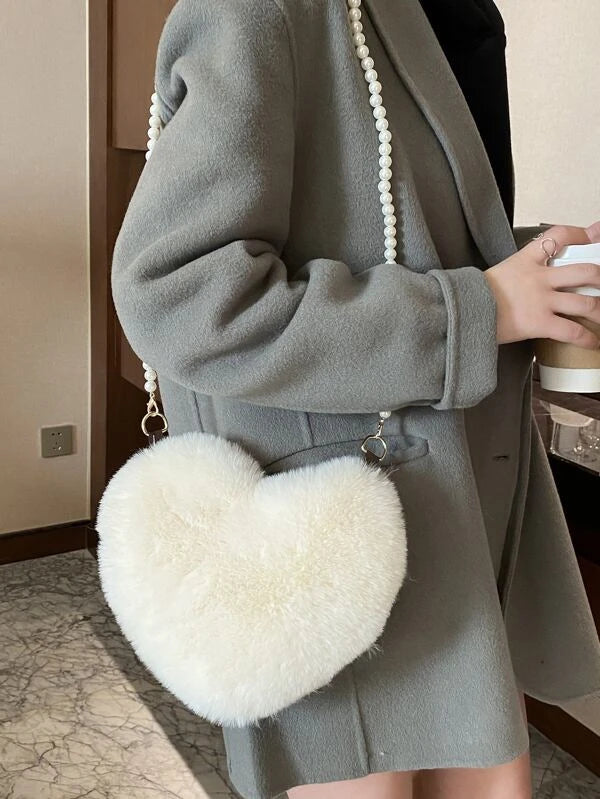 Faux Pearl Decor Heart Design Fluffy Novelty Bag xc