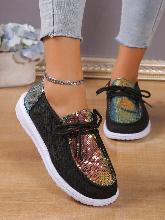 Sporty Slip On Shoes For Women, Sequins Holographic Lace-up Front Sneakers