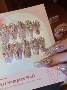 24pcs Y2K Aesthetic Sparkling Full Rhinestone Ballet Nails Glitter False Nails With 1pc Jelly Gel & 1pc Nail File For Women Press On Nails Supplies