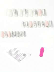 24pcs Long Coffin Shaped Novelty Rhinestone False Nails Set With 1pc Nail File & 1pc Jelly Glue Press On Nails Nail Supplies