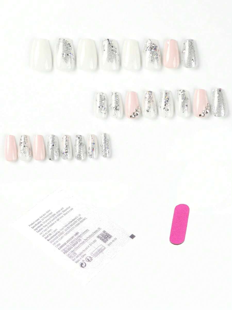 24pcs Long Coffin Shaped Novelty Rhinestone False Nails Set With 1pc Nail File & 1pc Jelly Glue Press On Nails Nail Supplies