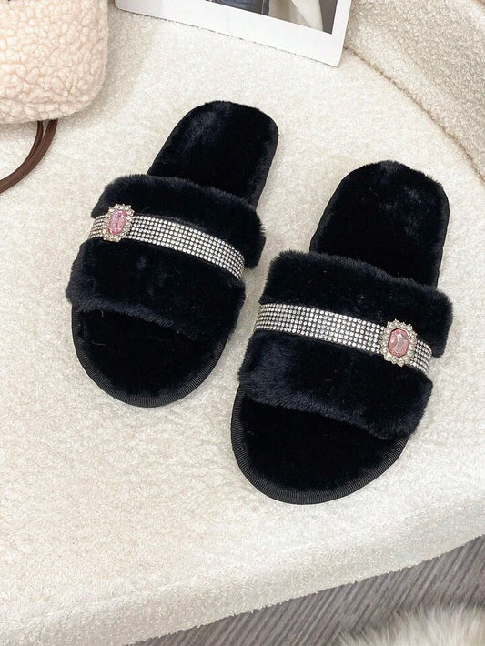 Women'S House Slippers, Rhinestone Decor Furry Slides