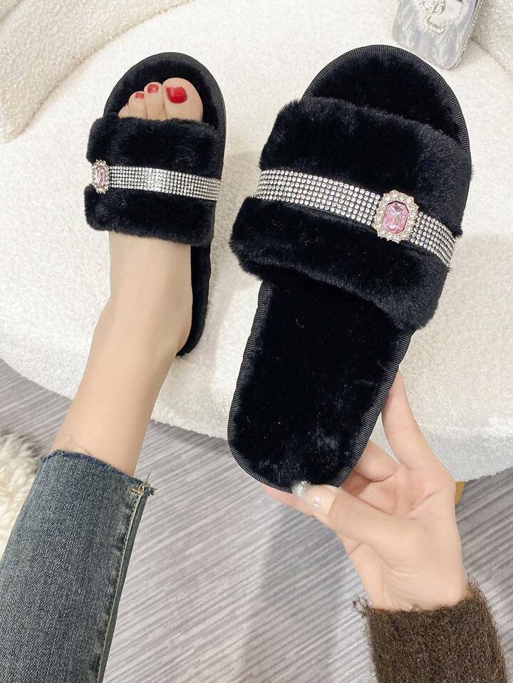 Women'S House Slippers, Rhinestone Decor Furry Slides