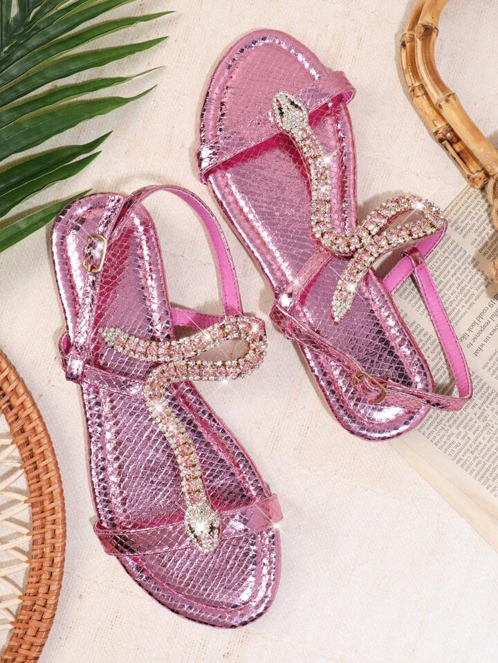 Flat Open Toe Sandals With Rhinestone Decoration