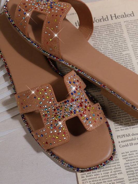 Women'S Fashionable Flat Sandals With Brown Rhinestone Decoration