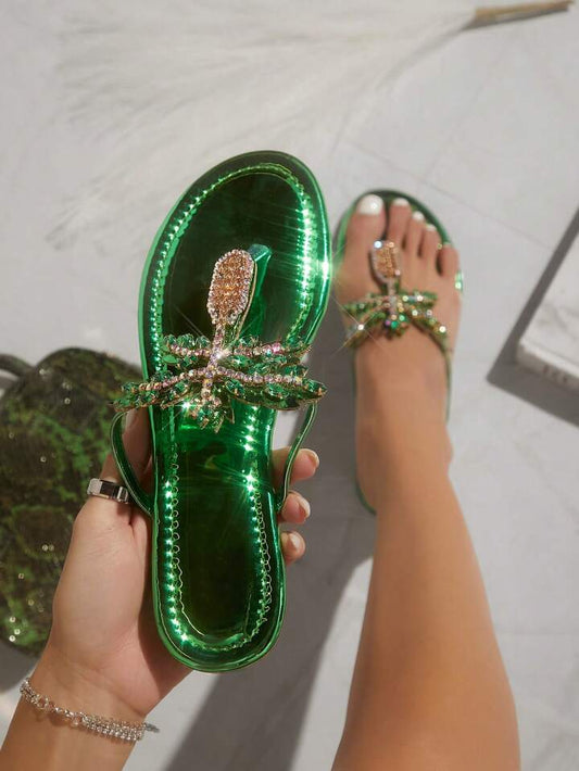 Women's Solid Color Rhinestone Decor Flip Flops Flat Sandal