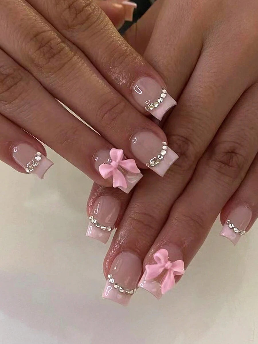 Elevate Your Style With, 24Pcs/Set Square Pink French Press On Nails Tip 3D Bow With Rhinestones Design Acrylic False Nails ,Contain 1pc Jelly Glue And 1pc Nail File, Suitable Gifts For Women And Girls Nail Supplies