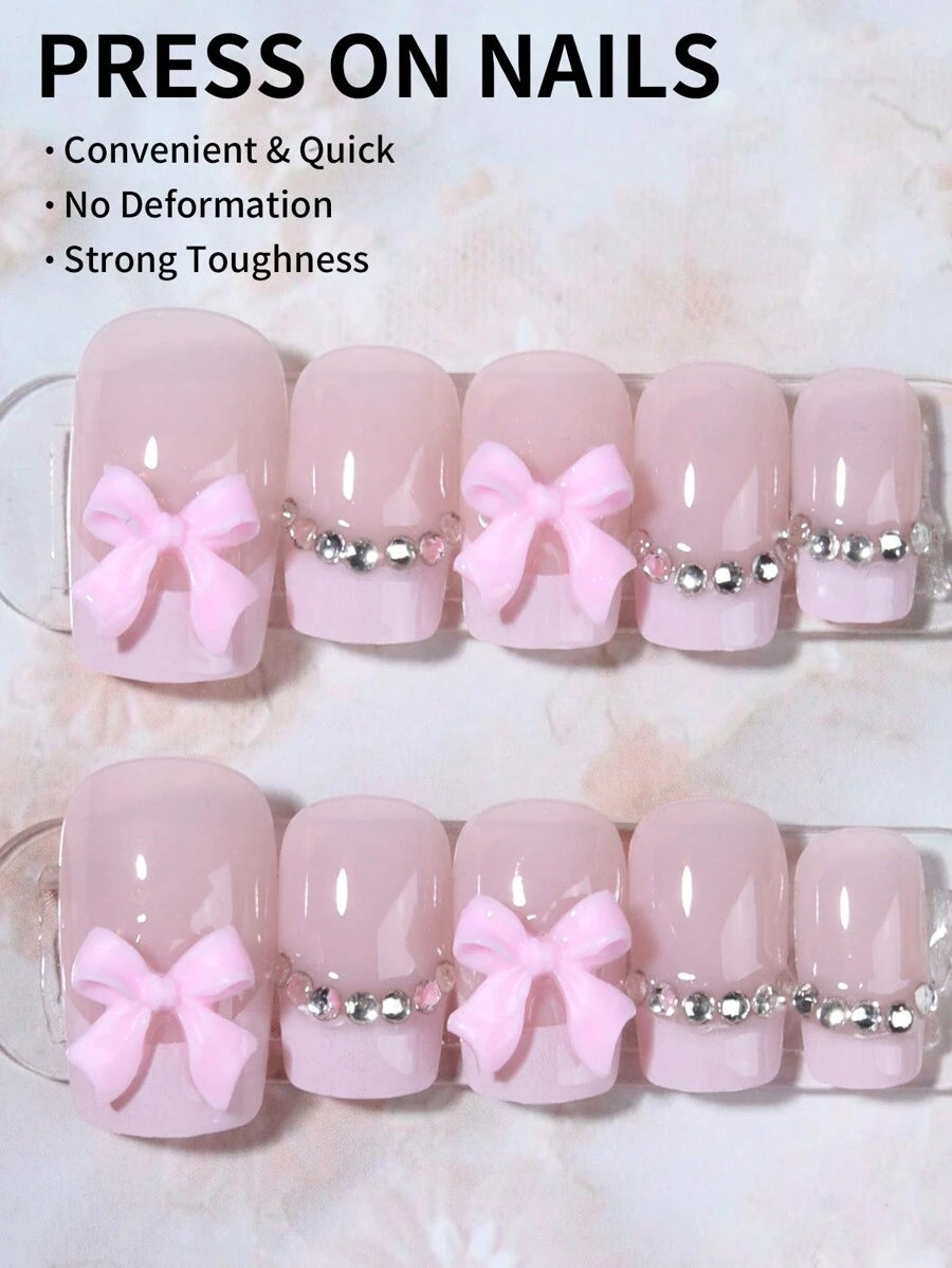 Elevate Your Style With, 24Pcs/Set Square Pink French Press On Nails Tip 3D Bow With Rhinestones Design Acrylic False Nails ,Contain 1pc Jelly Glue And 1pc Nail File, Suitable Gifts For Women And Girls Nail Supplies