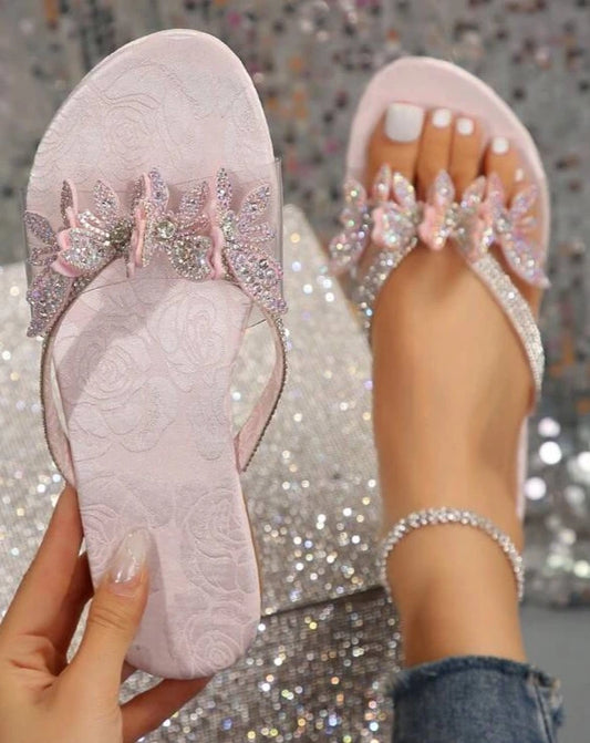 Flat Sandals With Bowknot And Rhinestone, Comfortable Outdoor Fashion Flat Slippers For Women