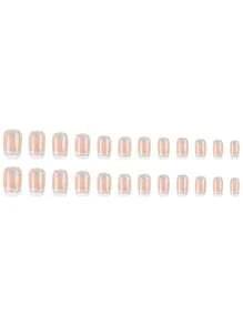 24pcs Medium-Length Square French Fake Nails With White Edges, Glitter, Sweetness & Natural Look, Removable Full Coverage Nail Set For Women, Suitable For Party, Ceremony & Daily Wear