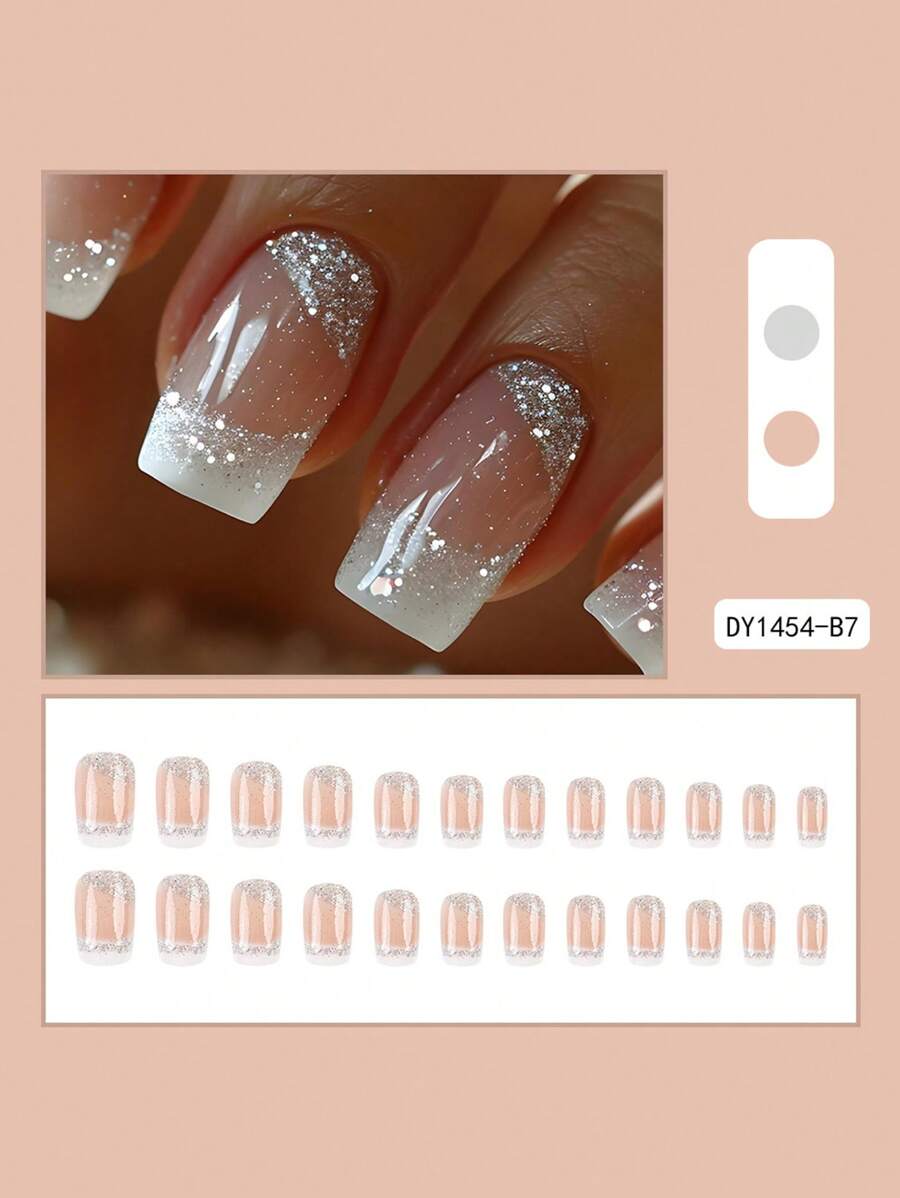 24pcs Medium-Length Square French Fake Nails With White Edges, Glitter, Sweetness & Natural Look, Removable Full Coverage Nail Set For Women, Suitable For Party, Ceremony & Daily Wear