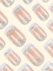 24pcs Medium-Length Square French Fake Nails With White Edges, Glitter, Sweetness & Natural Look, Removable Full Coverage Nail Set For Women, Suitable For Party, Ceremony & Daily Wear