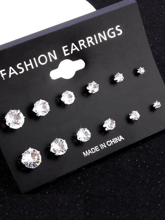 Rhinestone Detail Stud Earring Set 6pairs