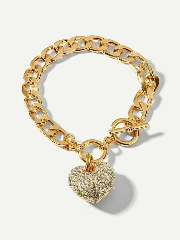 Rhinestone Heart Charm Chain Bracelet 1pc
