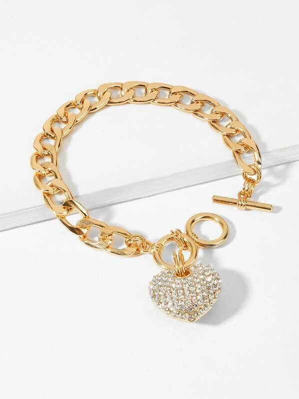 Rhinestone Heart Charm Chain Bracelet 1pc