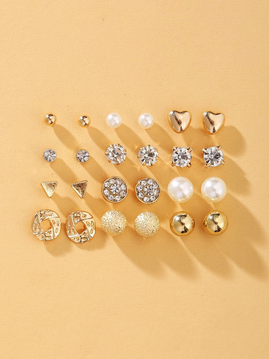 12pairs/set Heart & Faux Pearl Decor Stud Earrings 998