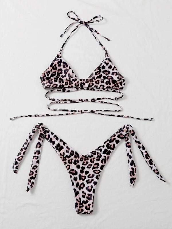 Leopard Print Crisscross Halter Bikini Swimsuit