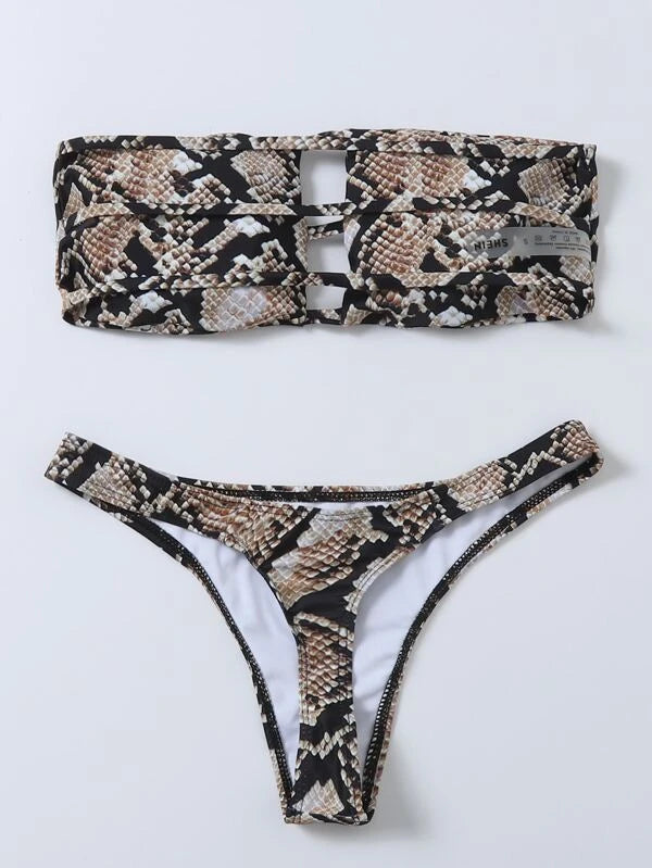 Snakeskin Cut-out Bandeau Bikini Swimsuit