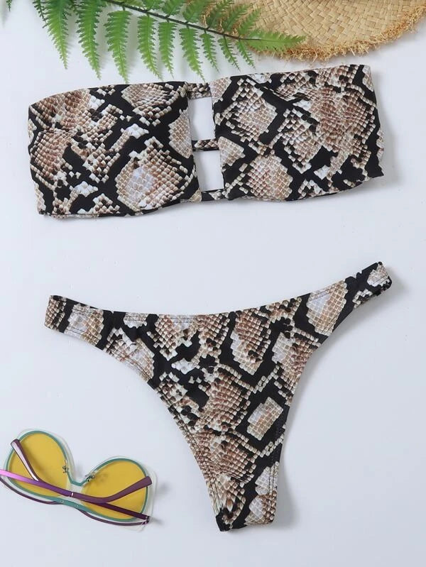 Snakeskin Cut-out Bandeau Bikini Swimsuit