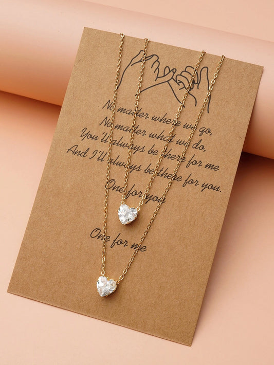 2pcs Cubic Zirconia Heart Pendant Necklace