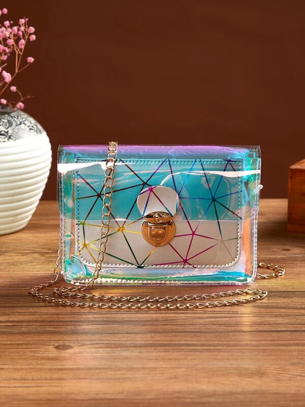 Mini Holographic Geometric Graphic Push Lock Chain Bag