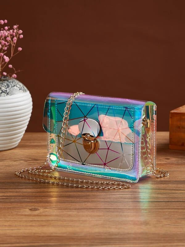 Mini Holographic Geometric Graphic Push Lock Chain Bag