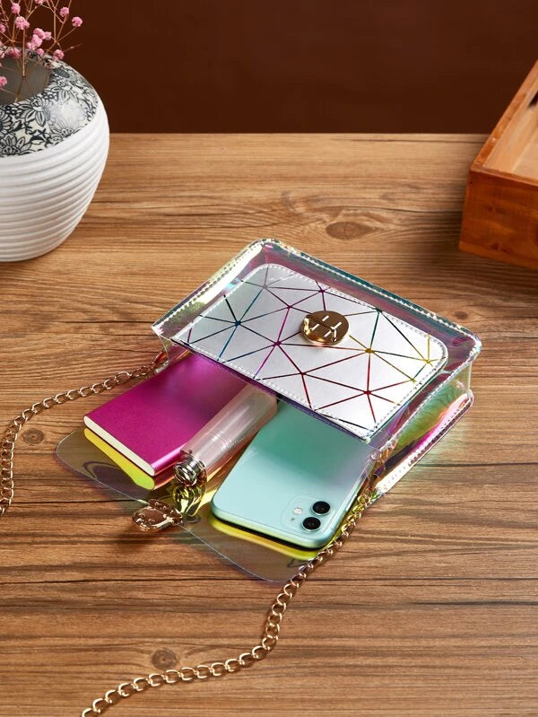 Mini Holographic Geometric Graphic Push Lock Chain Bag