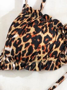 Leopard Frill Trim Tie Side Bikini fürdőruha