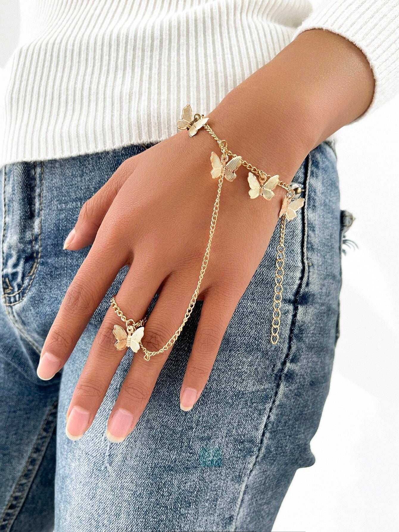 Butterfly Charm Finger Ring Bracelet