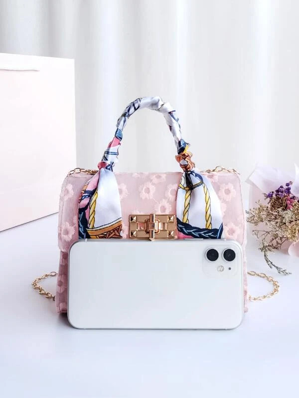 Mini Twilly Scarf Decor Floral Embroidered Chain Bag