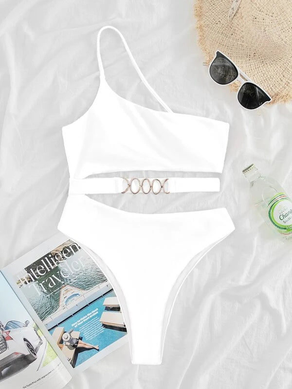 Solid Ring Linked Cut-out Waist One Piece Swimsuit