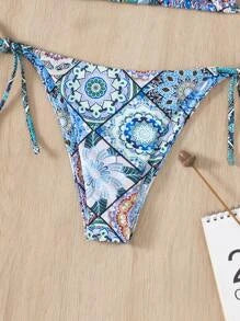 Allover Print Triangle Thong Bikini Swimsuit