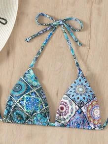 Allover Print Triangle Thong Bikini Swimsuit