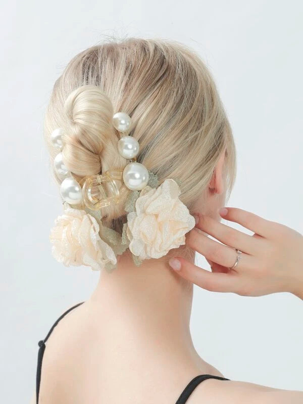 Faux Pearl & Flower Decor Hair Claw