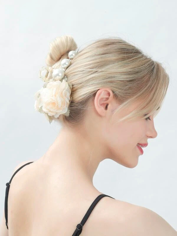 Faux Pearl & Flower Decor Hair Claw