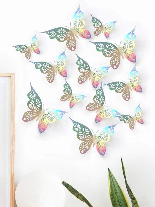 12pcs 3D Butterfly Wall Sticker, Hollow Metallic Simulation Paper Butterfly Sticker For Home Decor