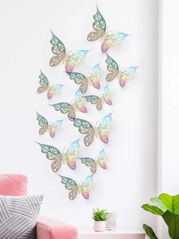 12pcs 3D Butterfly Wall Sticker, Hollow Metallic Simulation Paper Butterfly Sticker For Home Decor