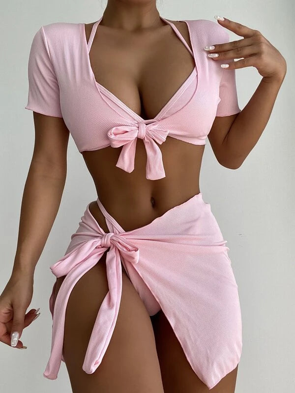 4 csomagos Rib Triangle bikini fürdőruha és Cover Up készlet