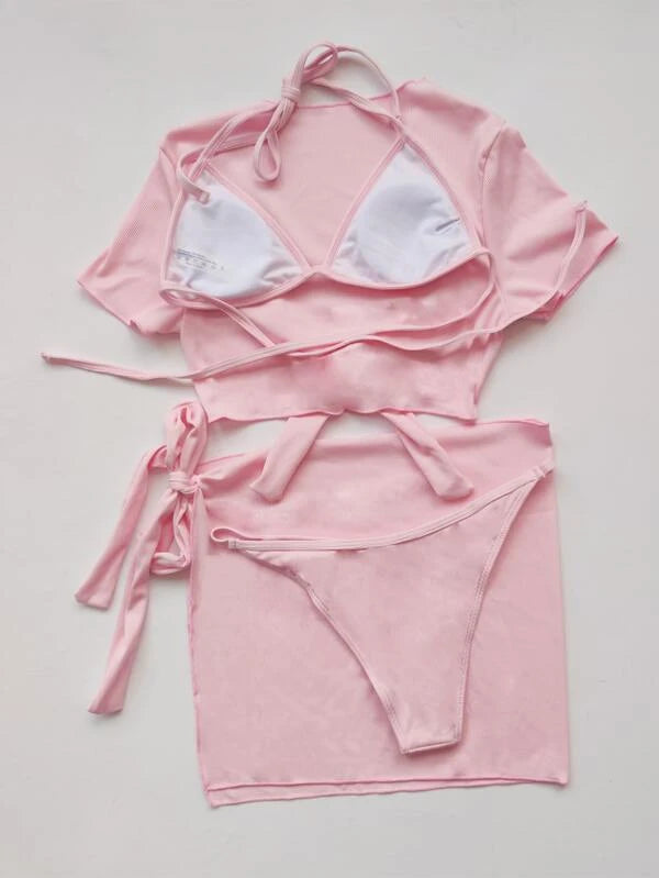 4 csomagos Rib Triangle bikini fürdőruha és Cover Up készlet
