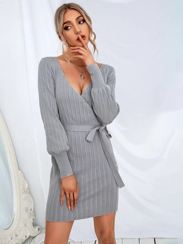 Surplice Neck Belted Sweater Dress