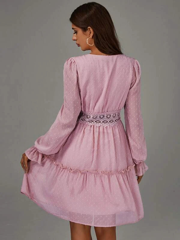 EMERY ROSE Swiss Dot Guipure Lace Insert Flounce Sleeve Frill Trim Dress