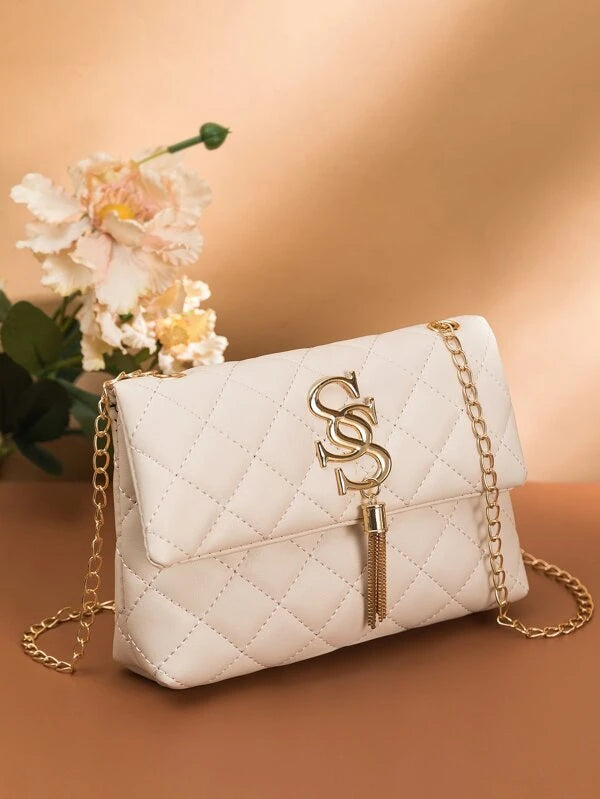 Quilted Pattern Metal Decor Chain Square Bag