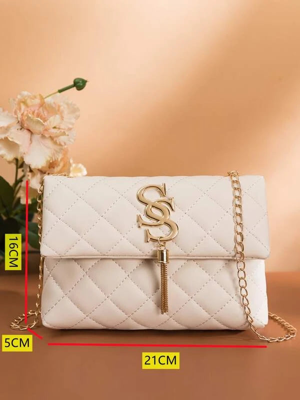 Quilted Pattern Metal Decor Chain Square Bag