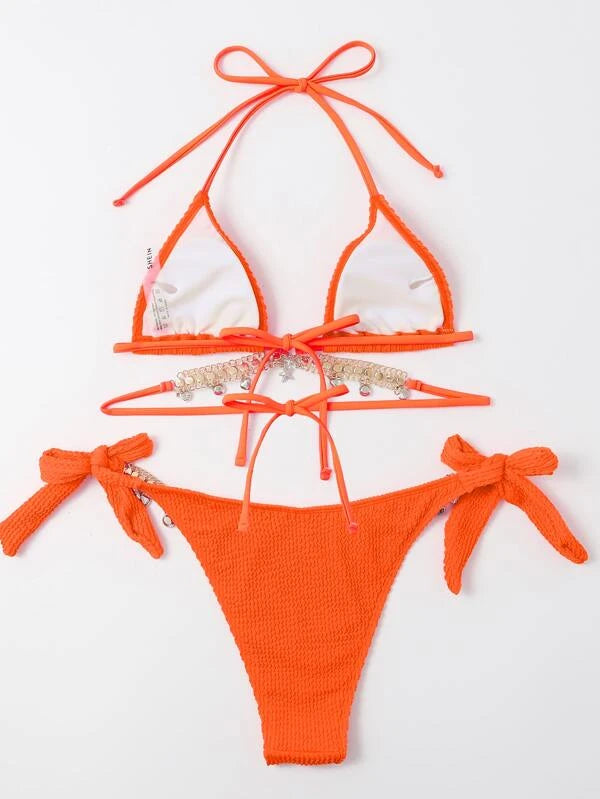 Rhinestone Chain Decor Triangle Bikini Swimsuit