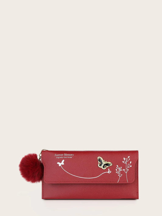 Pom Pom Charm Flap Long Wallet