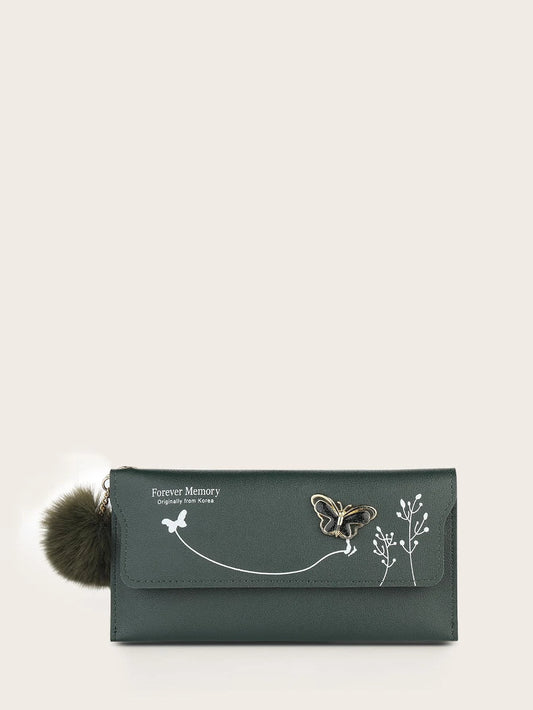 Pom Pom Charm Flap Long Wallet